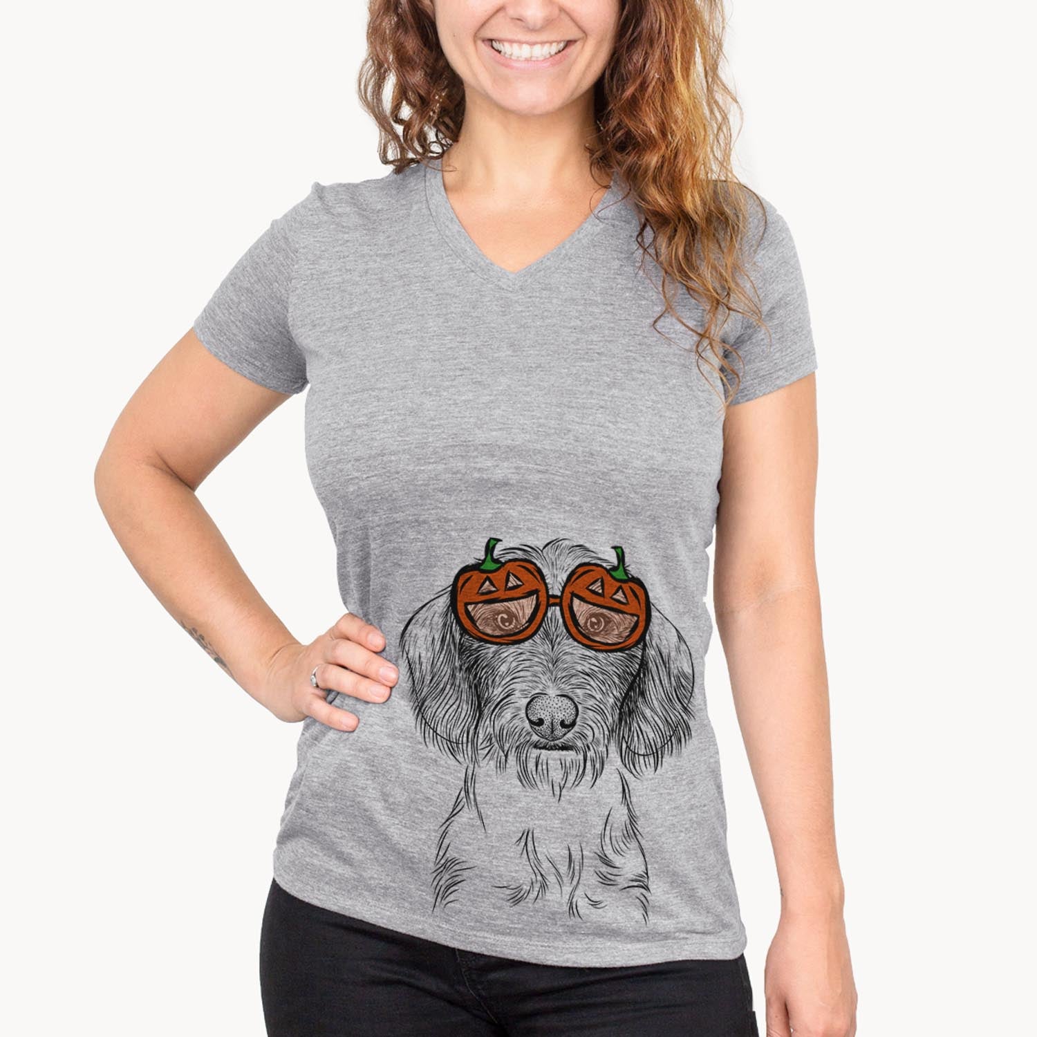 Hand-drawn sketch of Almond the Wirehaired Dachshund wearing pumpkin glasses on a Grey pumpkin collection