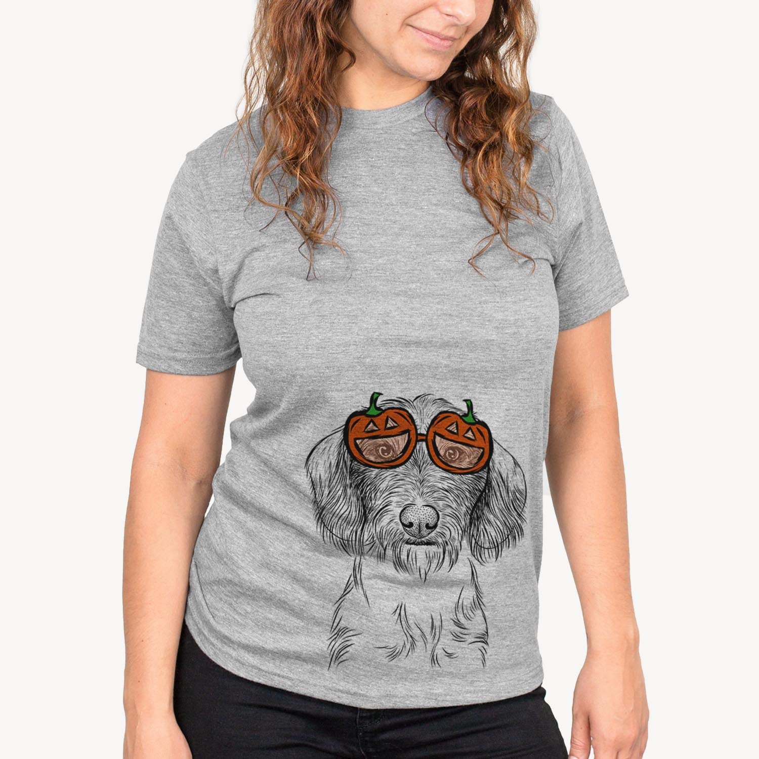 Hand-drawn sketch of Almond the Wirehaired Dachshund wearing pumpkin glasses on a Grey pumpkin collection, on a hanger