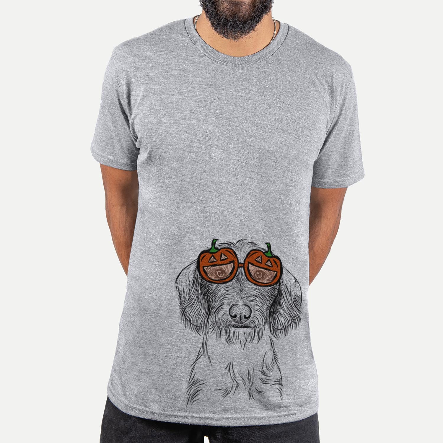 Hand-drawn sketch of Almond the Wirehaired Dachshund wearing pumpkin glasses on a Grey pumpkin collection, hanging on a wall