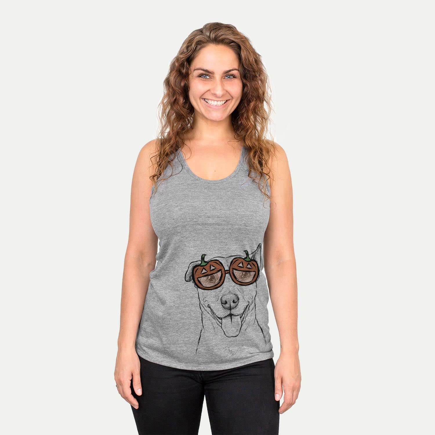 Hand-drawn sketch of Annie Belle the Pitbull Mix wearing pumpkin glasses on a Grey pumpkin collection