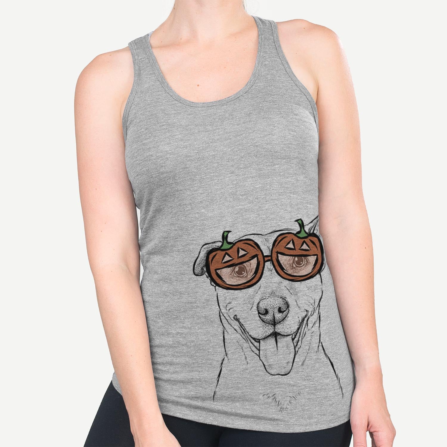 Hand-drawn sketch of Annie Belle the Pitbull Mix wearing pumpkin glasses on a Grey pumpkin collection