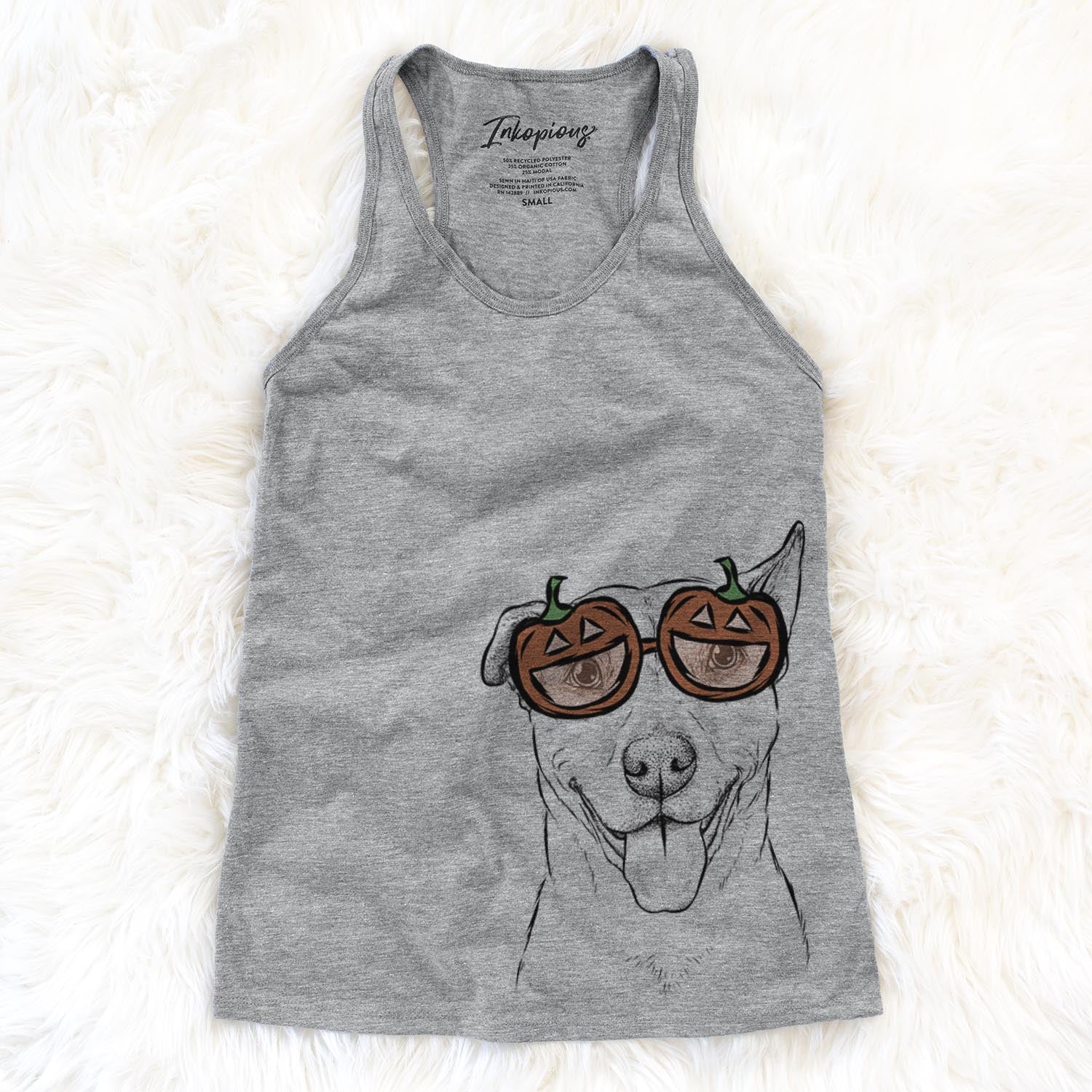 Hand-drawn sketch of Annie Belle the Pitbull Mix wearing pumpkin glasses on a Grey pumpkin collection