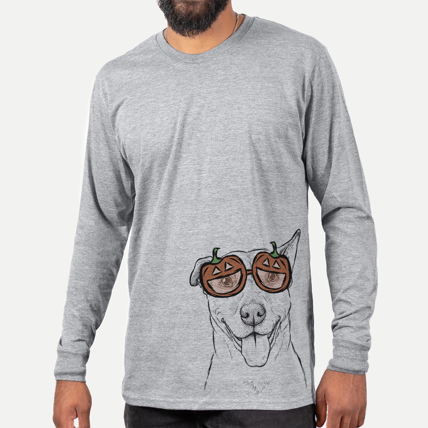 Hand-drawn sketch of Annie Belle the Pitbull Mix wearing pumpkin glasses on a Grey pumpkin collection, hanging on a wall