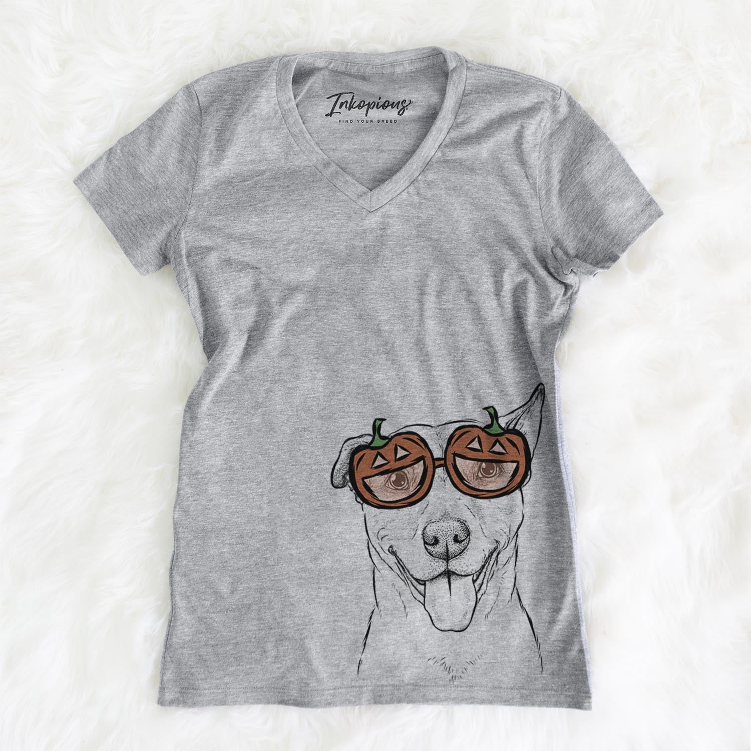 Hand-drawn sketch of Annie Belle the Pitbull Mix wearing pumpkin glasses on a Grey pumpkin collection, on a hanger