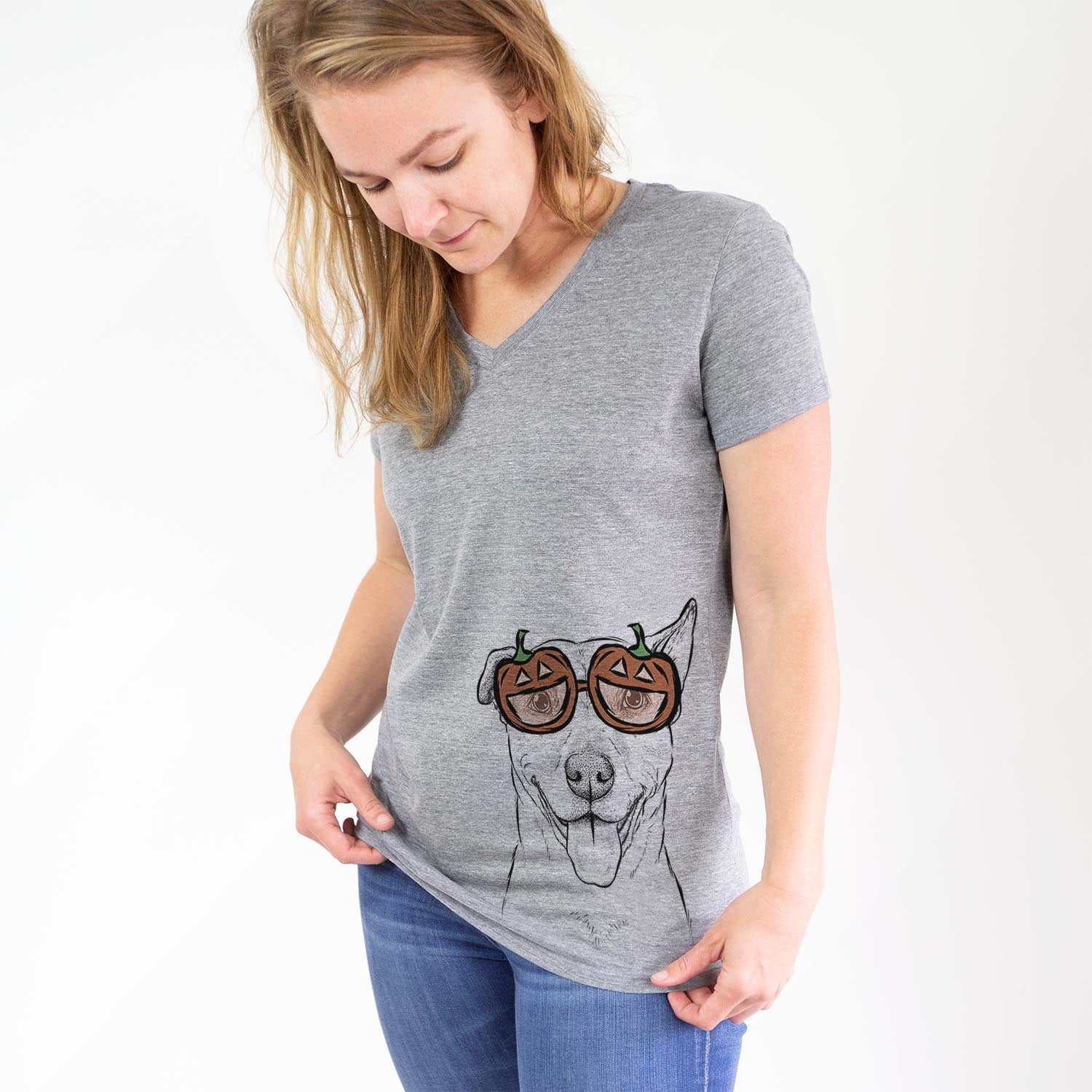 Hand-drawn sketch of Annie Belle the Pitbull Mix wearing pumpkin glasses on a Grey pumpkin collection