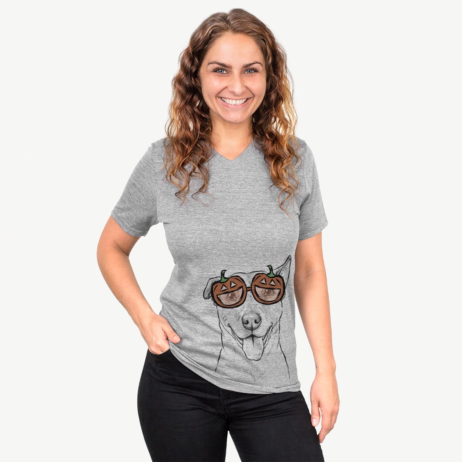 Hand-drawn sketch of Annie Belle the Pitbull Mix wearing pumpkin glasses on a Grey pumpkin collection