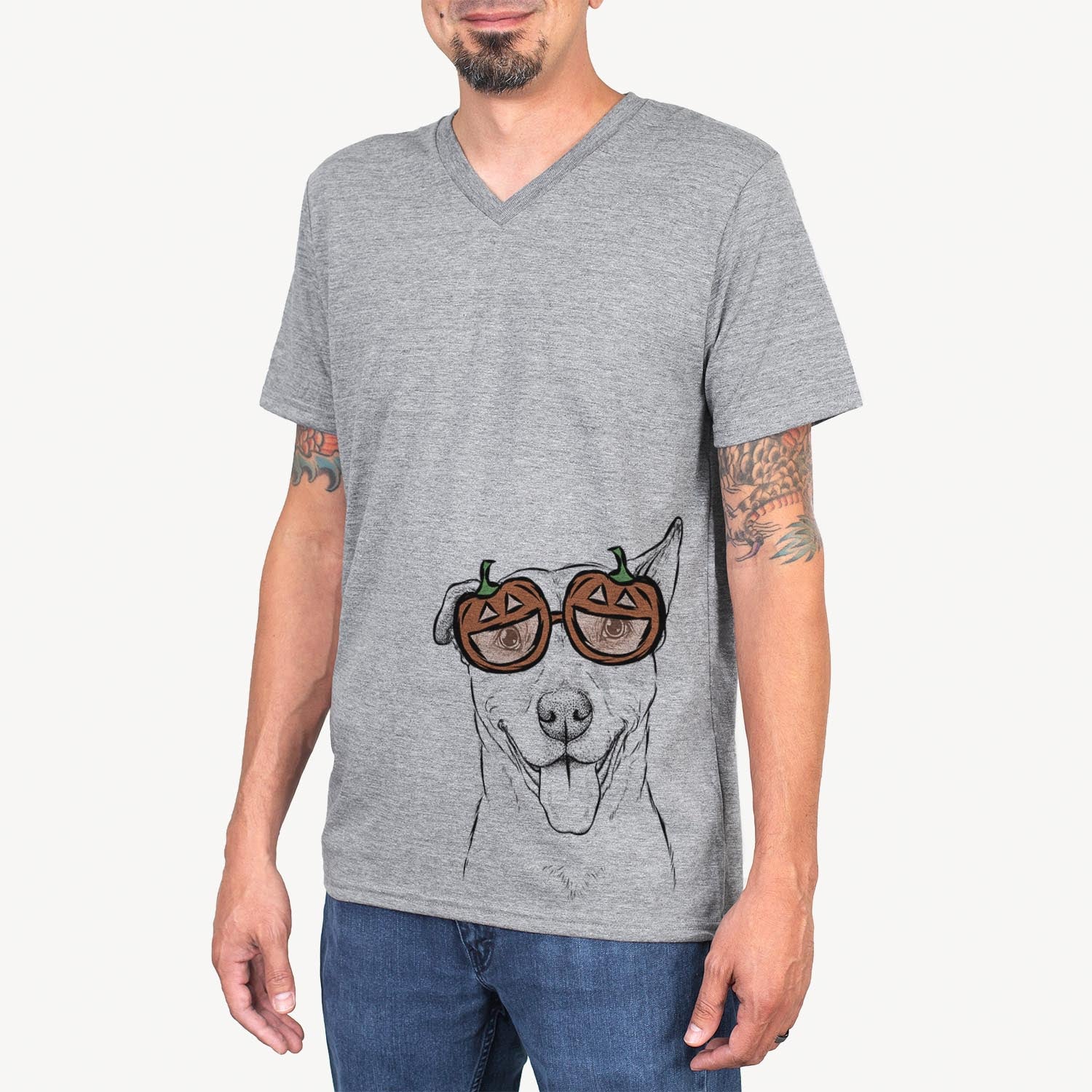 Hand-drawn sketch of Annie Belle the Pitbull Mix wearing pumpkin glasses on a Grey pumpkin collection