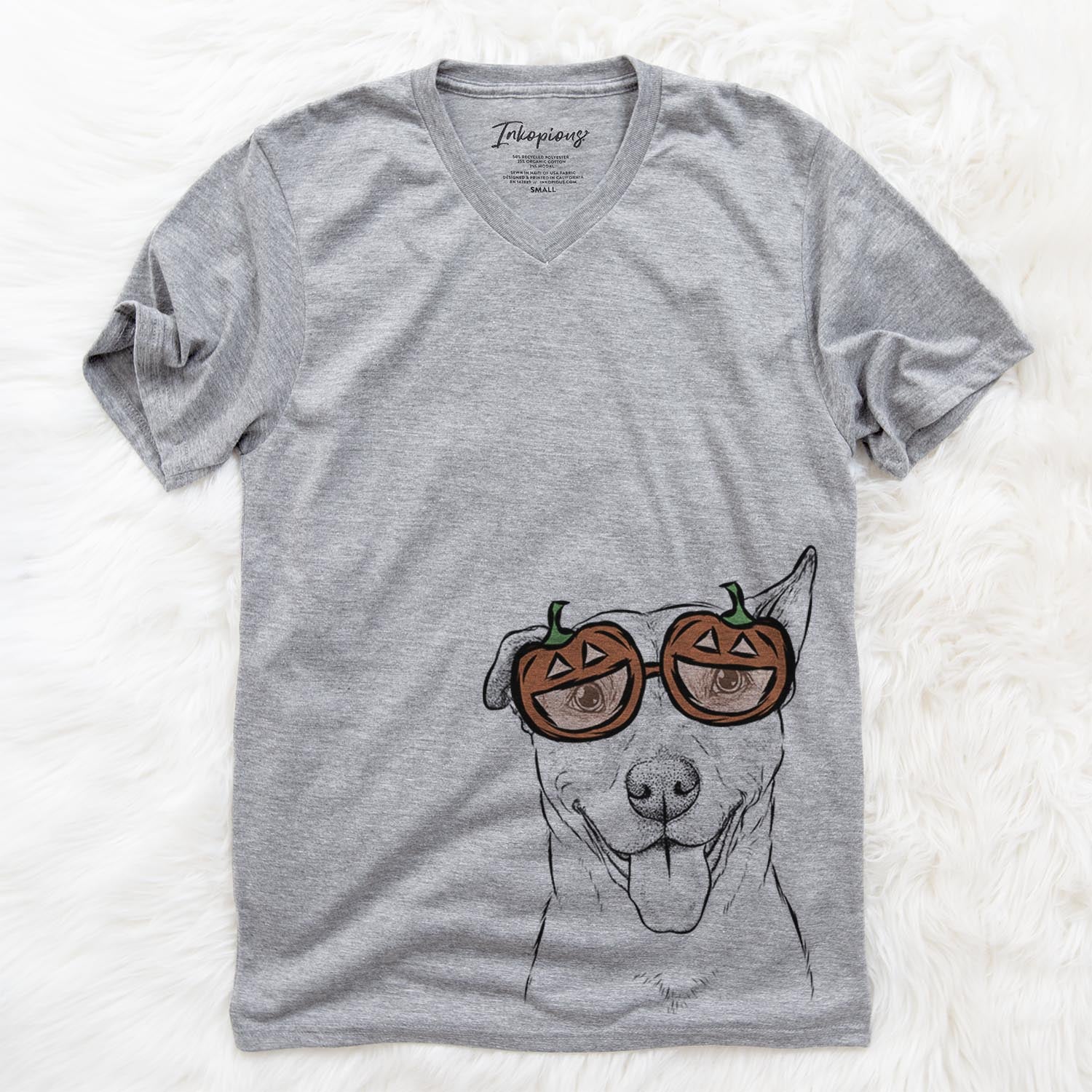 Hand-drawn sketch of Annie Belle the Pitbull Mix wearing pumpkin glasses on a Grey pumpkin collection