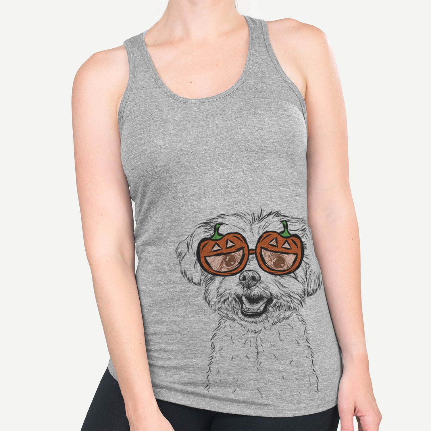 Hand-drawn sketch of Aspen the Morkie wearing pumpkin glasses on a Grey pumpkin collection
