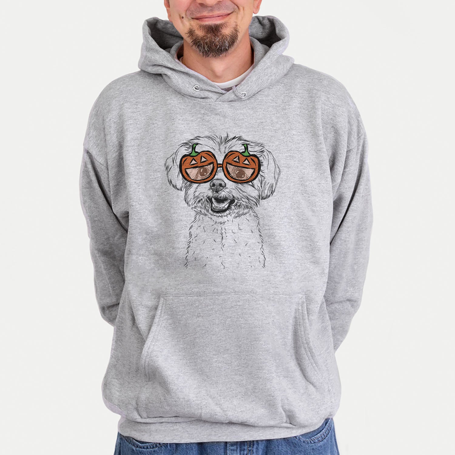 Hand-drawn sketch of Aspen the Morkie wearing pumpkin glasses on a Grey pumpkin collection, hanging on a wall