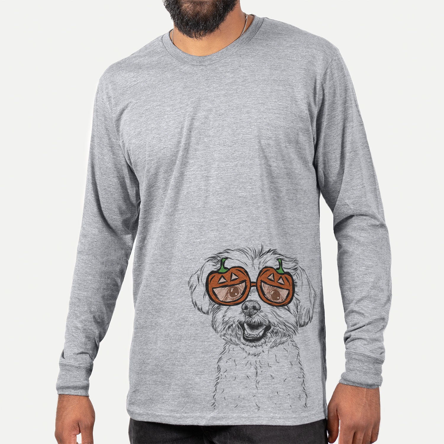 Hand-drawn sketch of Aspen the Morkie wearing pumpkin glasses on a Grey pumpkin collection, hanging on a wall