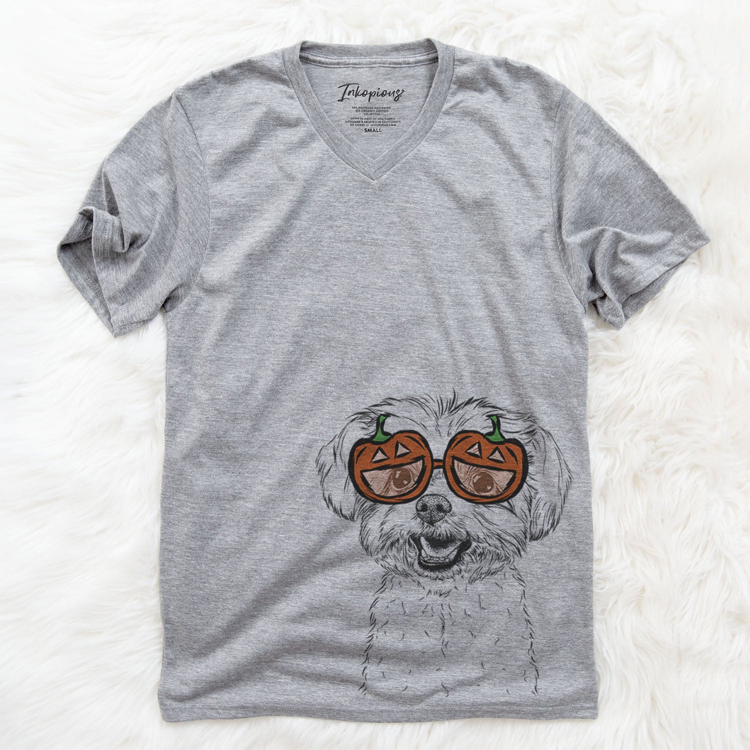 Hand-drawn sketch of Aspen the Morkie wearing pumpkin glasses on a Grey pumpkin collection