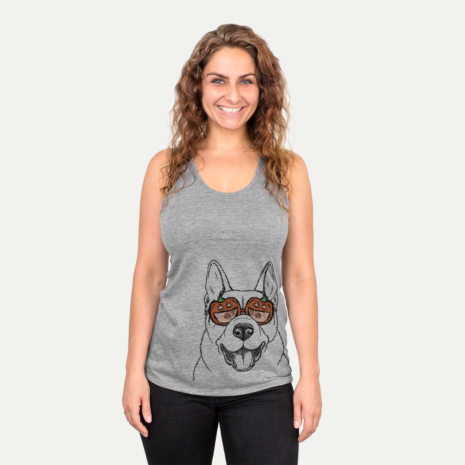 Hand-drawn sketch of Baku the Akita wearing pumpkin glasses on a Grey pumpkin collection
