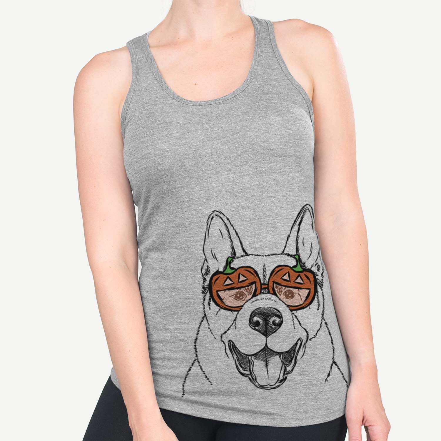 Hand-drawn sketch of Baku the Akita wearing pumpkin glasses on a Grey pumpkin collection
