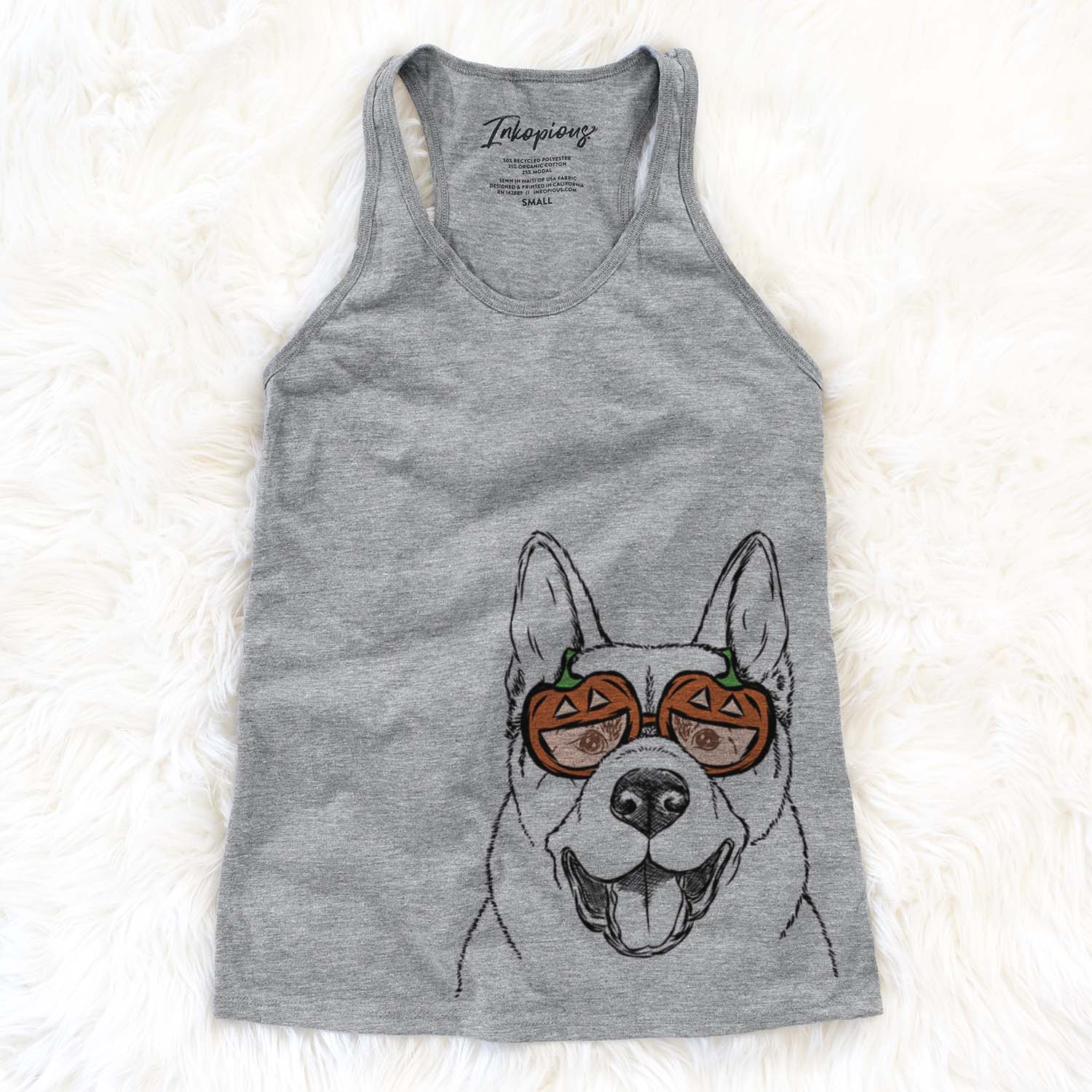 Hand-drawn sketch of Baku the Akita wearing pumpkin glasses on a Grey pumpkin collection
