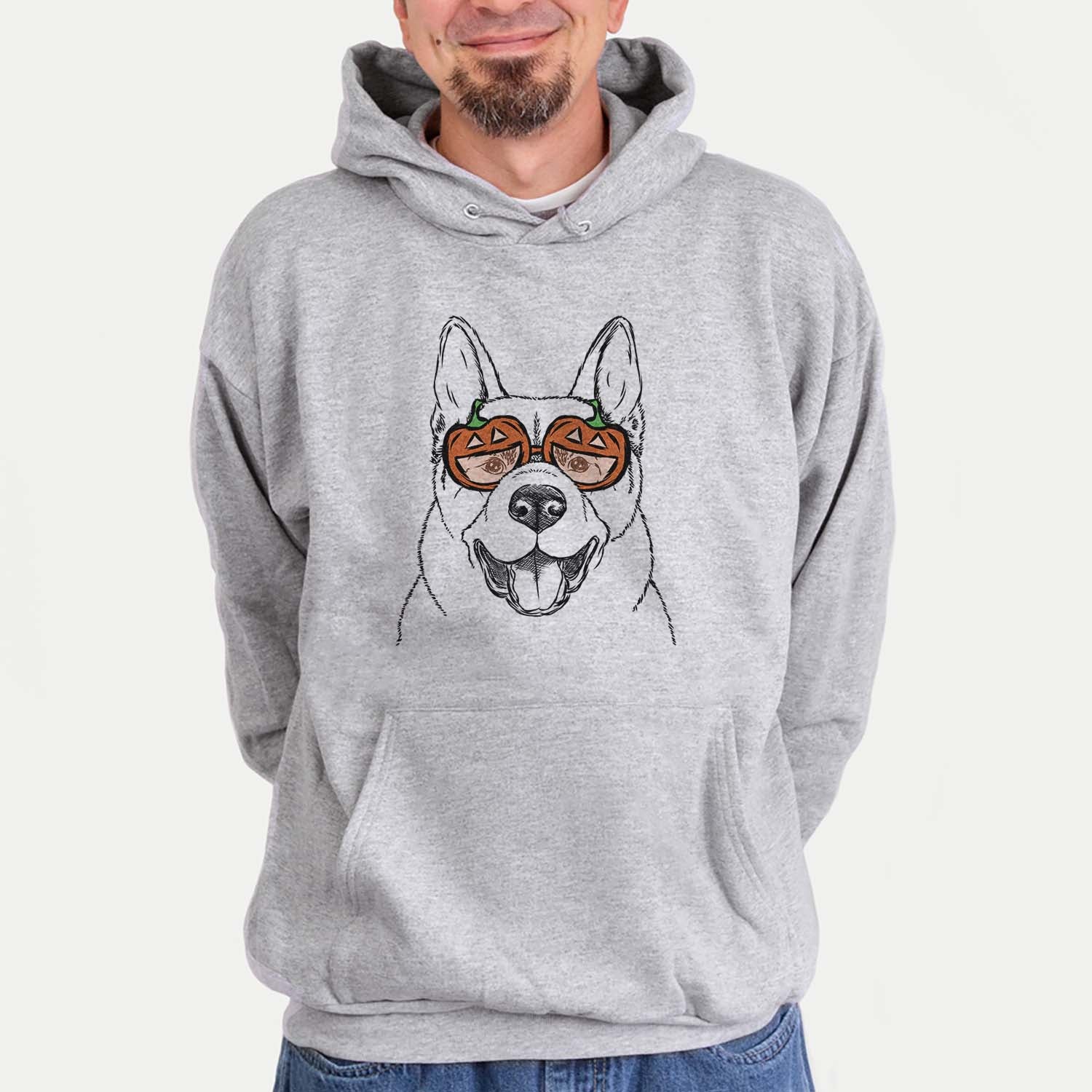 Hand-drawn sketch of Baku the Akita wearing pumpkin glasses on a Grey pumpkin collection, hanging on a wall