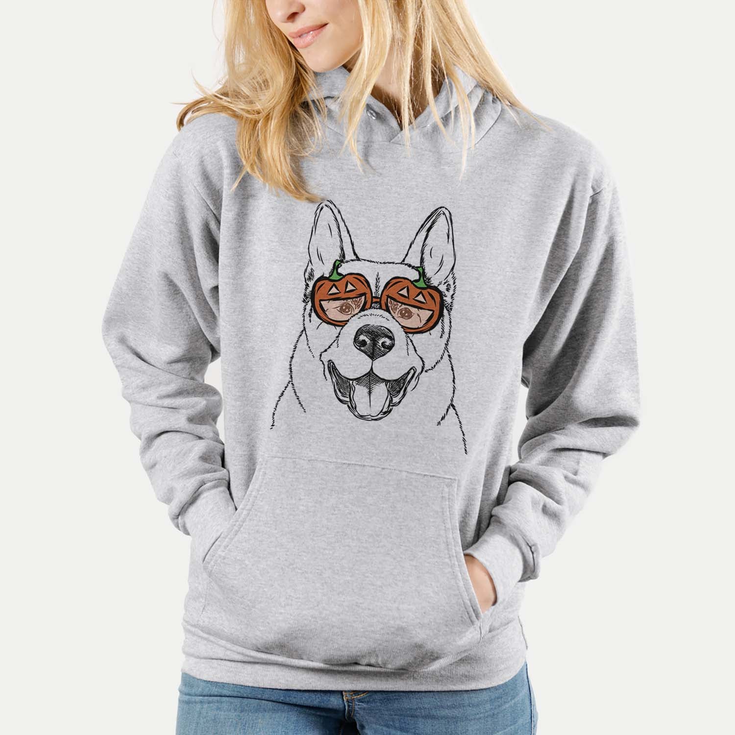 Hand-drawn sketch of Baku the Akita wearing pumpkin glasses on a Grey pumpkin collection