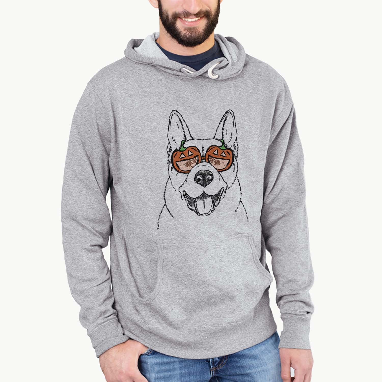 Hand-drawn sketch of Baku the Akita wearing pumpkin glasses on a Grey pumpkin collection