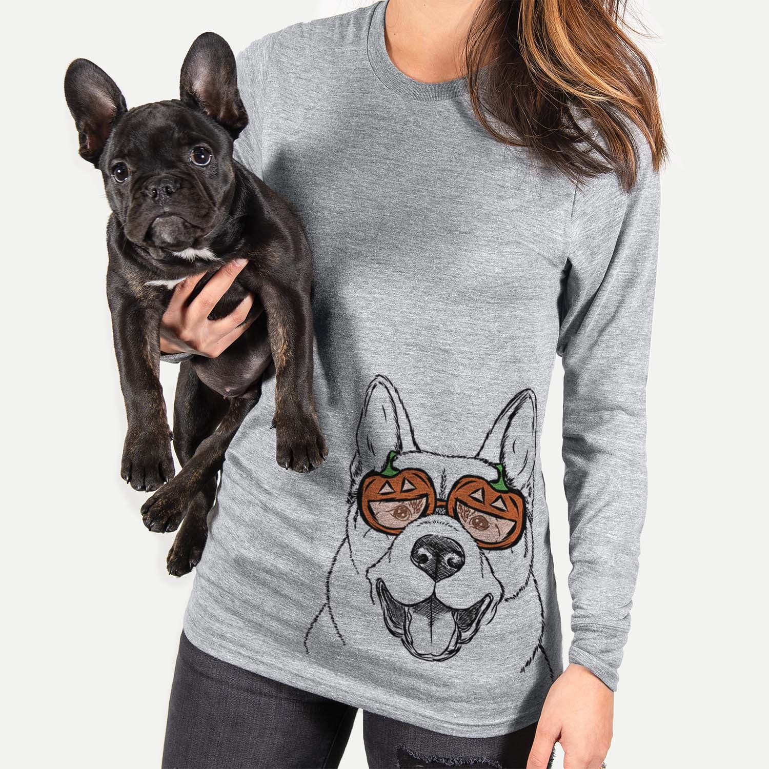 Hand-drawn sketch of Baku the Akita wearing pumpkin glasses on a Grey pumpkin collection