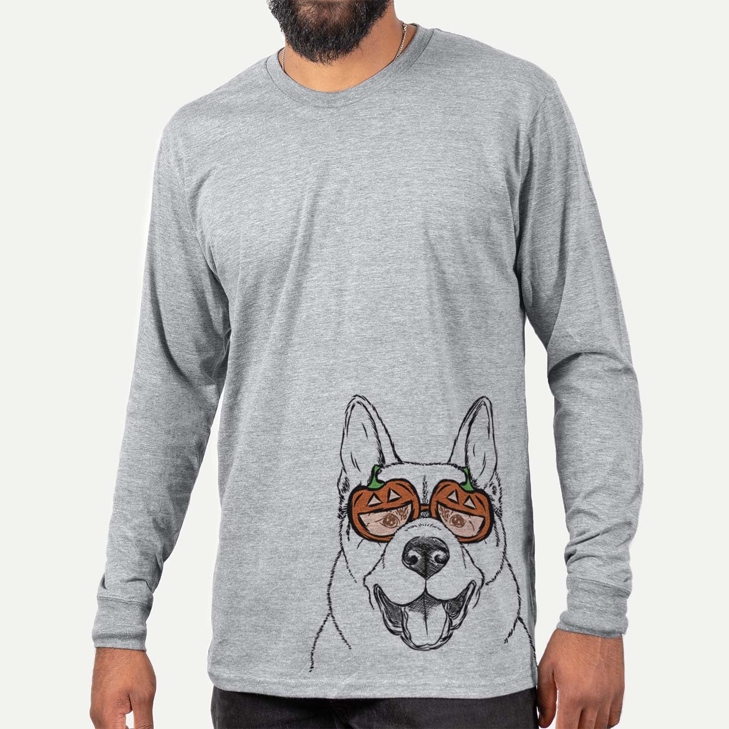 Hand-drawn sketch of Baku the Akita wearing pumpkin glasses on a Grey pumpkin collection, hanging on a wall