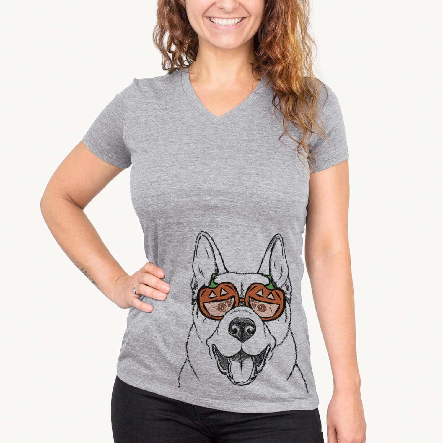 Hand-drawn sketch of Baku the Akita wearing pumpkin glasses on a Grey pumpkin collection
