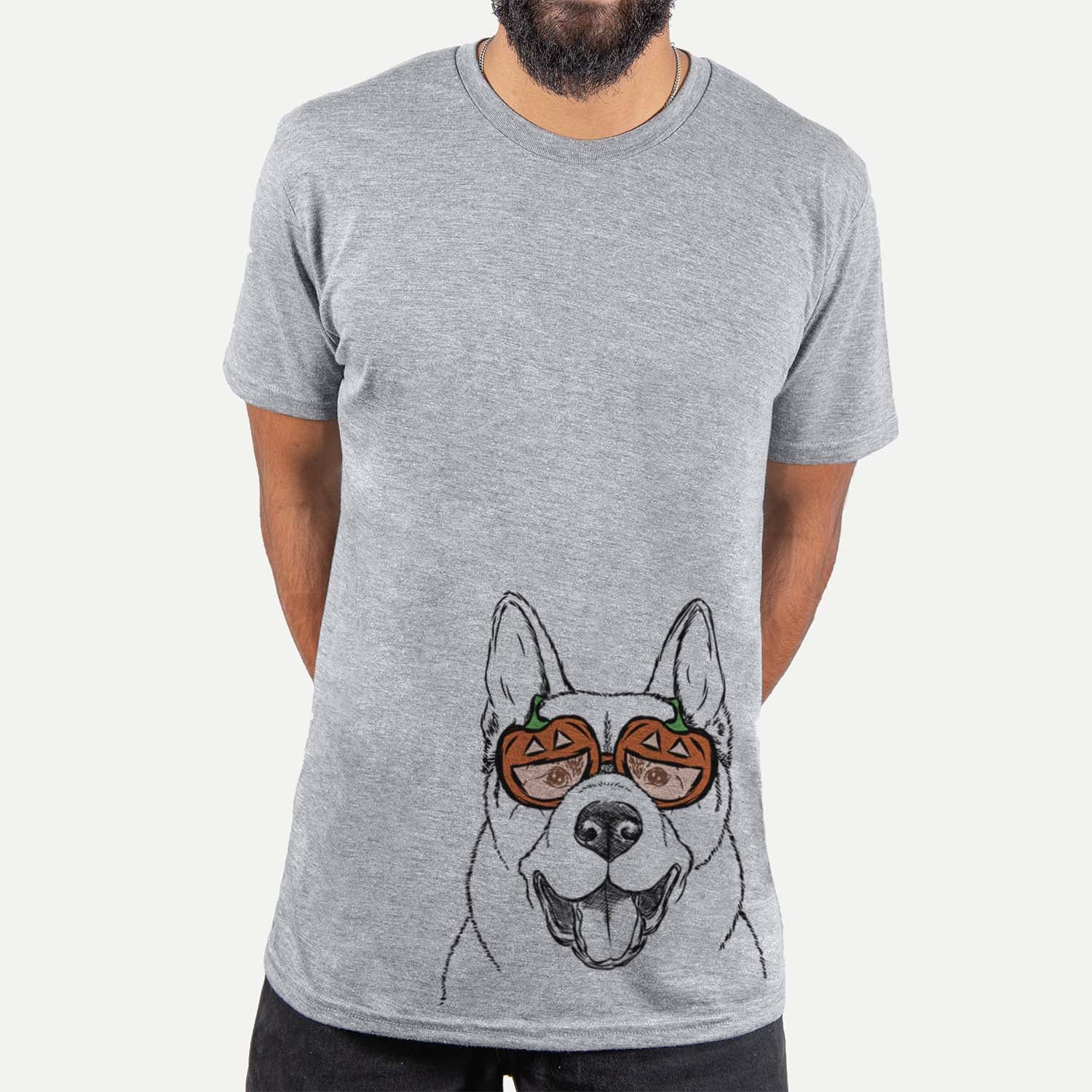 Hand-drawn sketch of Baku the Akita wearing pumpkin glasses on a Grey pumpkin collection, hanging on a wall