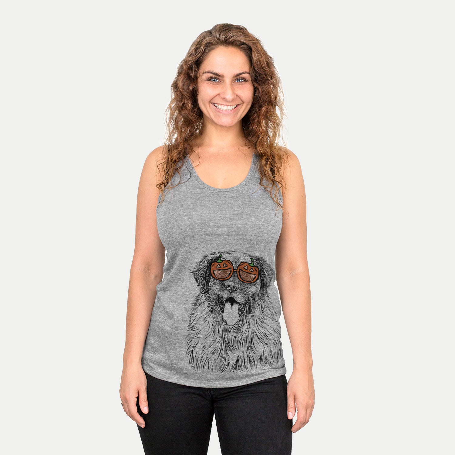 Hand-drawn sketch of Bamboo the Leonberger wearing pumpkin glasses on a Grey pumpkin collection