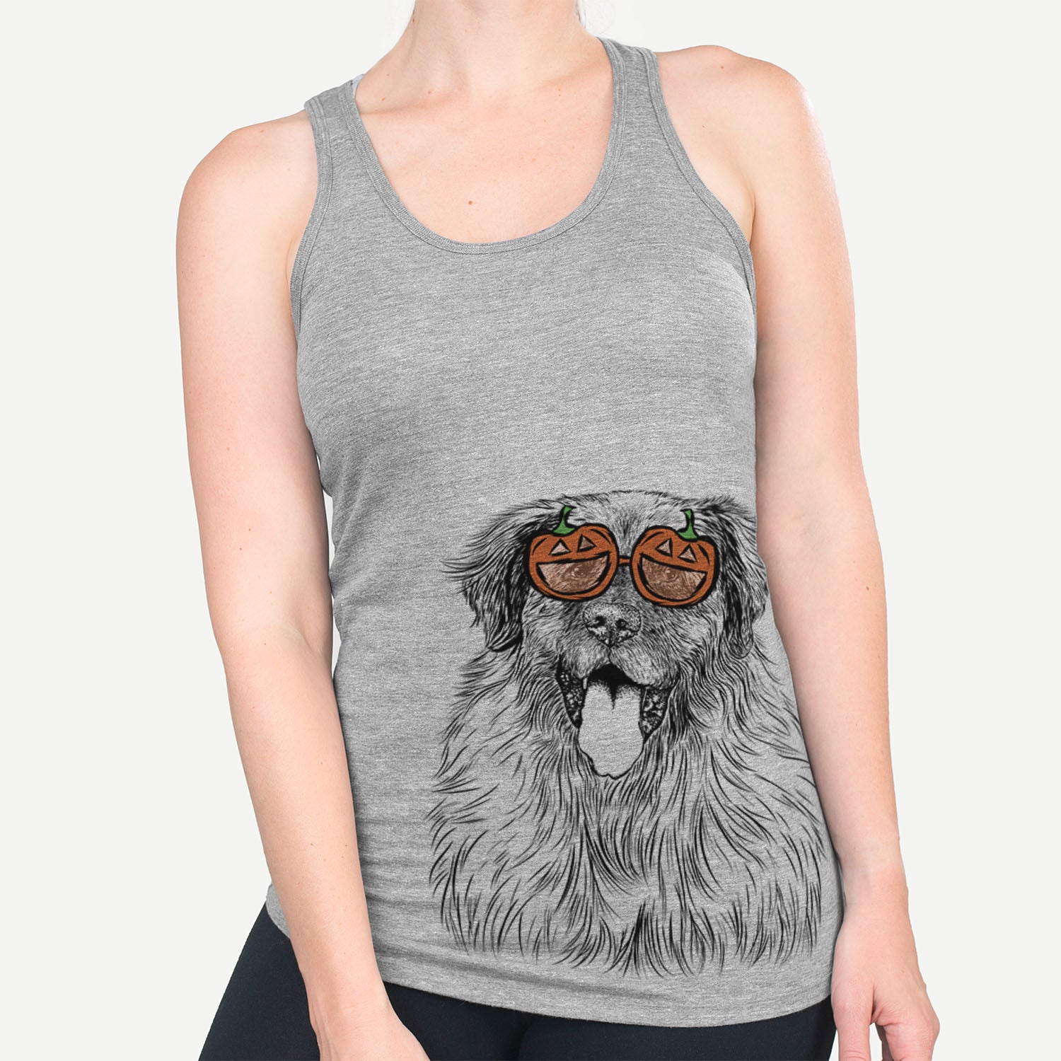 Hand-drawn sketch of Bamboo the Leonberger wearing pumpkin glasses on a Grey pumpkin collection