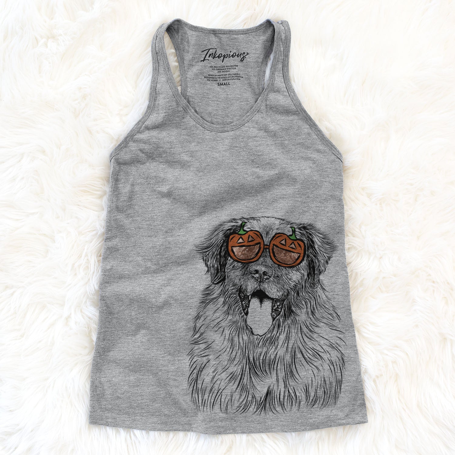 Hand-drawn sketch of Bamboo the Leonberger wearing pumpkin glasses on a Grey pumpkin collection