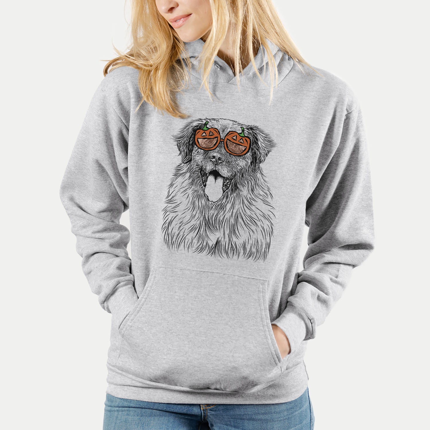 Hand-drawn sketch of Bamboo the Leonberger wearing pumpkin glasses on a Grey pumpkin collection