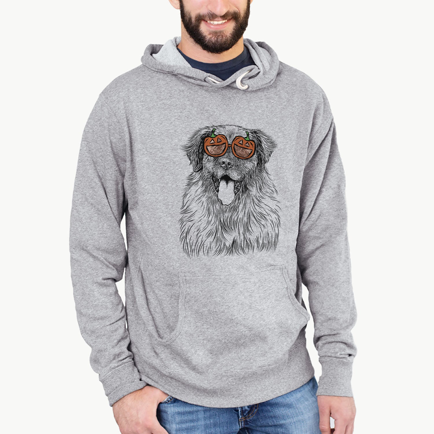 Hand-drawn sketch of Bamboo the Leonberger wearing pumpkin glasses on a Grey pumpkin collection