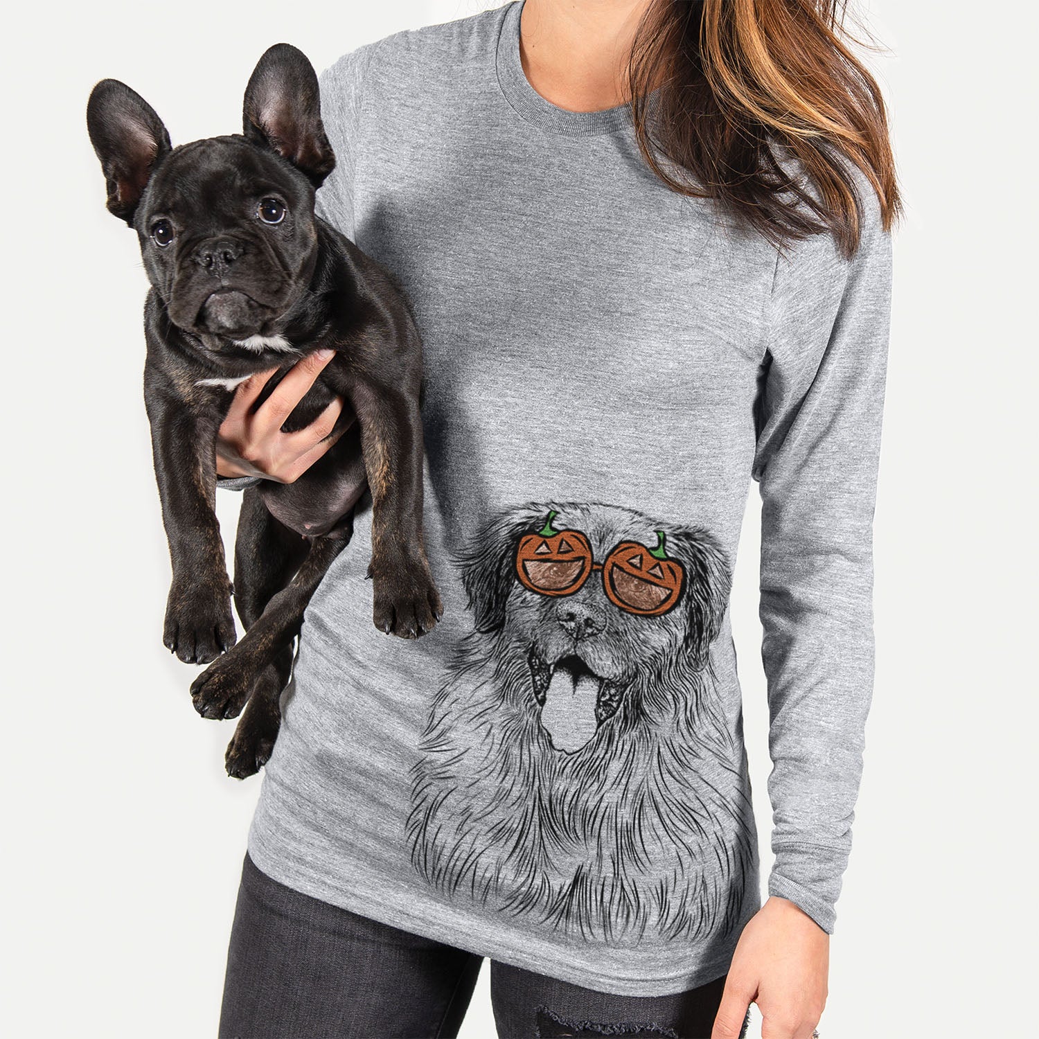 Hand-drawn sketch of Bamboo the Leonberger wearing pumpkin glasses on a Grey pumpkin collection