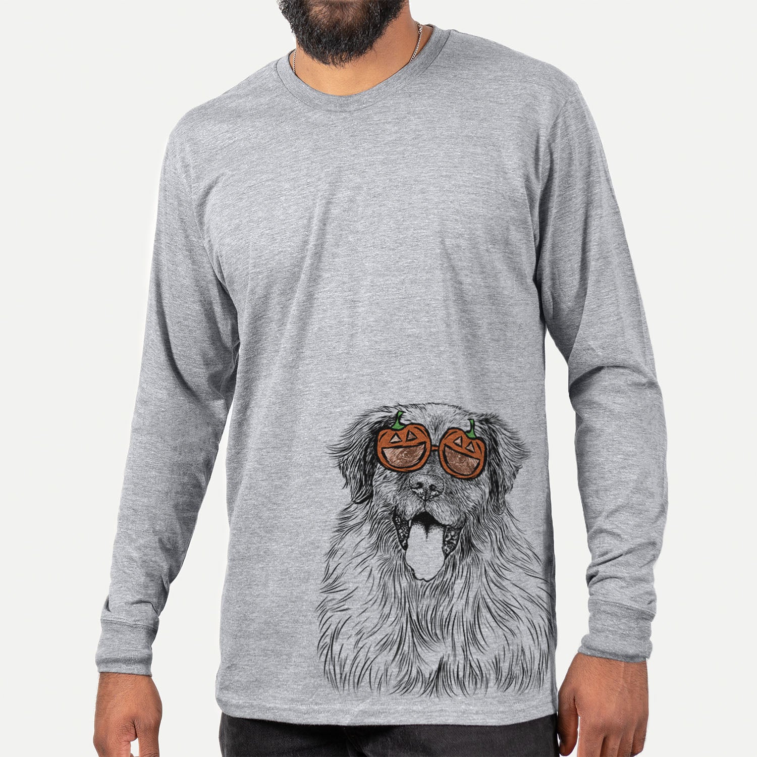 Hand-drawn sketch of Bamboo the Leonberger wearing pumpkin glasses on a Grey pumpkin collection, hanging on a wall