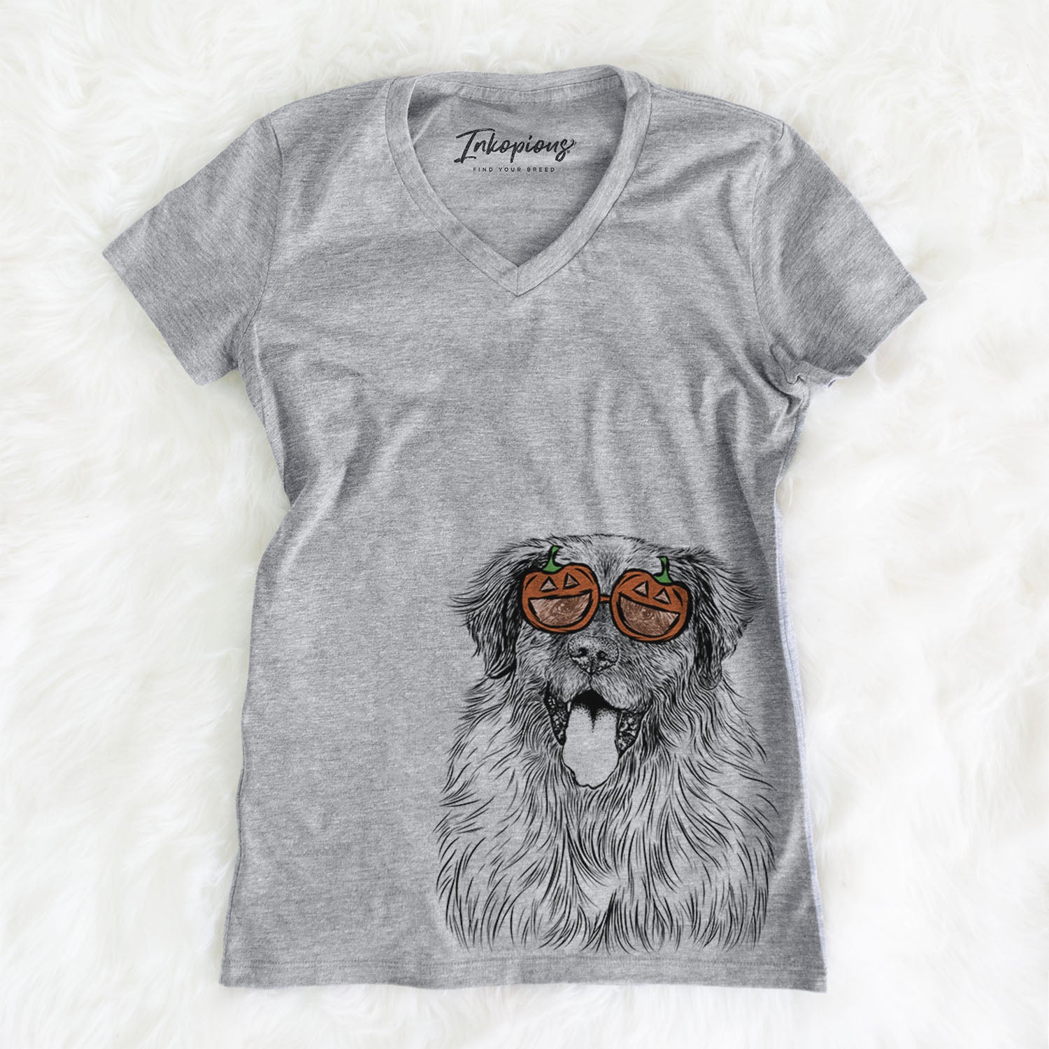 Hand-drawn sketch of Bamboo the Leonberger wearing pumpkin glasses on a Grey pumpkin collection, on a hanger