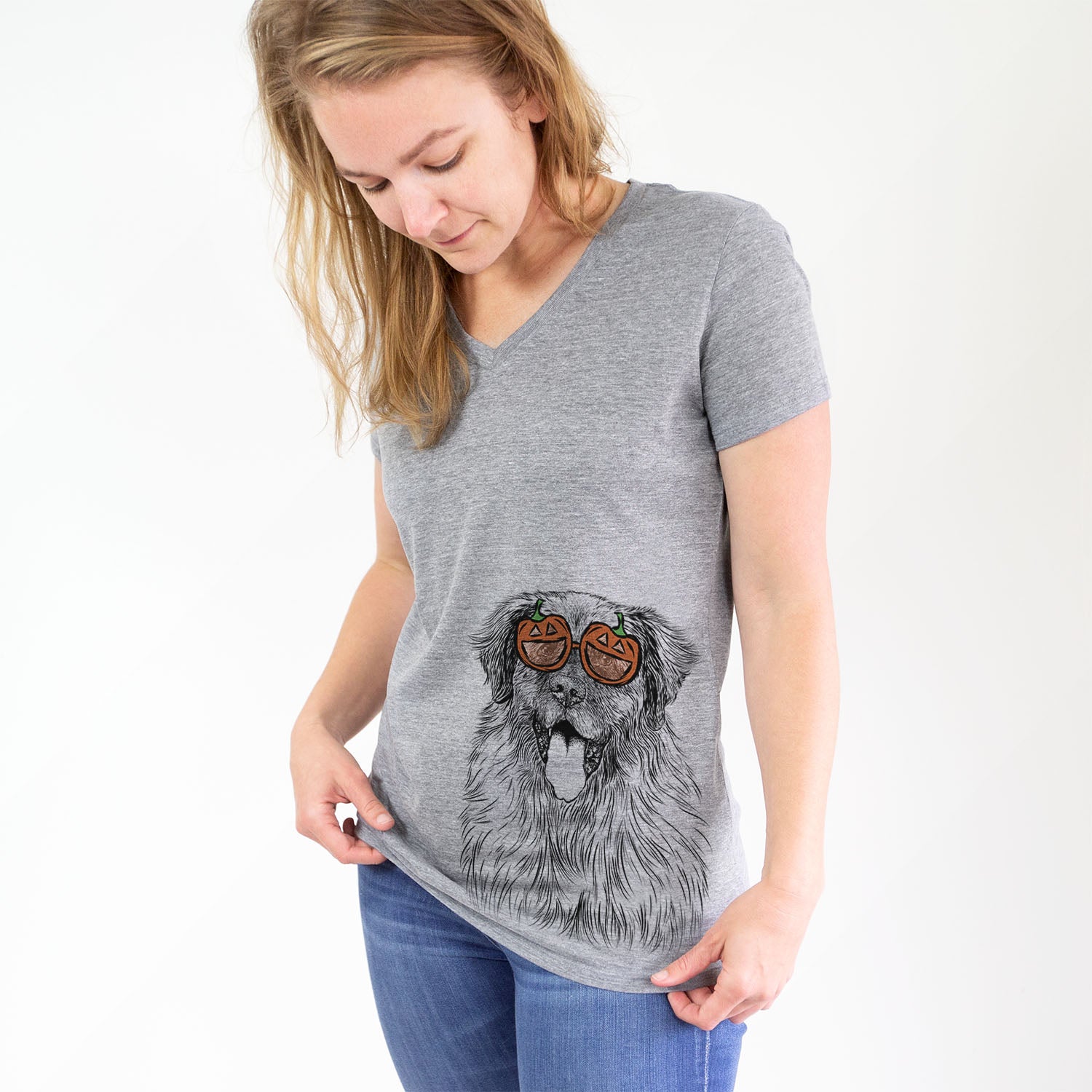 Hand-drawn sketch of Bamboo the Leonberger wearing pumpkin glasses on a Grey pumpkin collection
