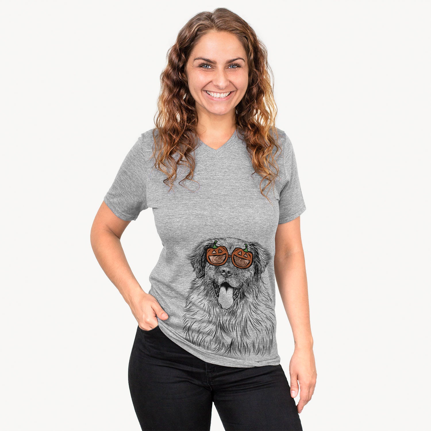 Hand-drawn sketch of Bamboo the Leonberger wearing pumpkin glasses on a Grey pumpkin collection