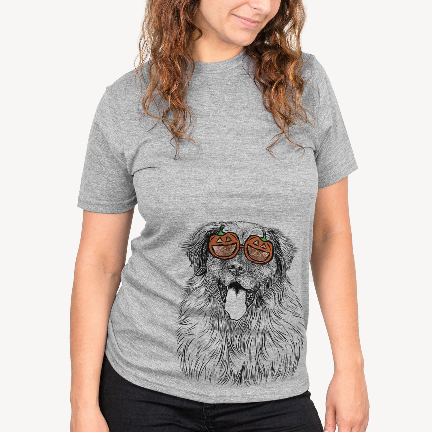 Hand-drawn sketch of Bamboo the Leonberger wearing pumpkin glasses on a Grey pumpkin collection, on a hanger