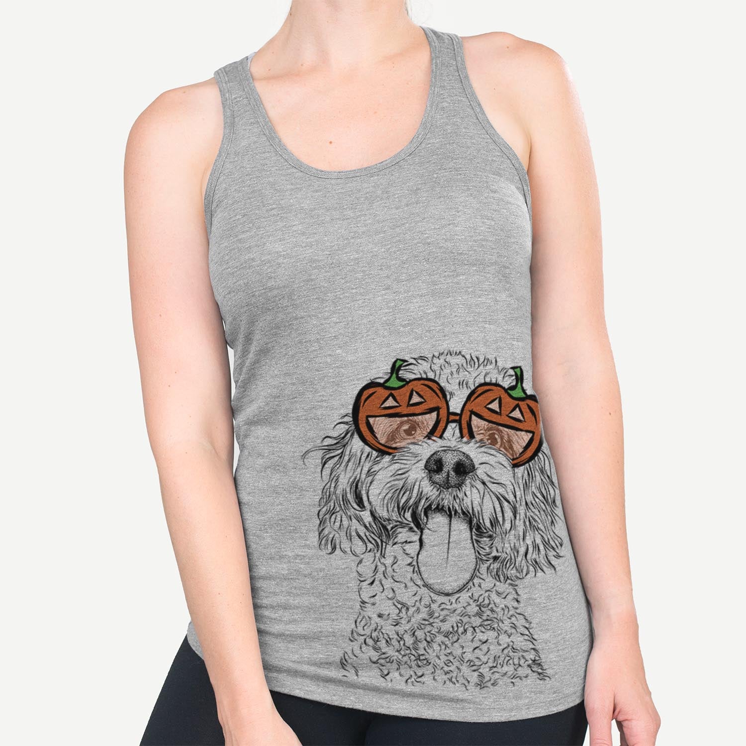Hand-drawn sketch of Barney the Cavachon wearing pumpkin glasses on a Grey pumpkin collection