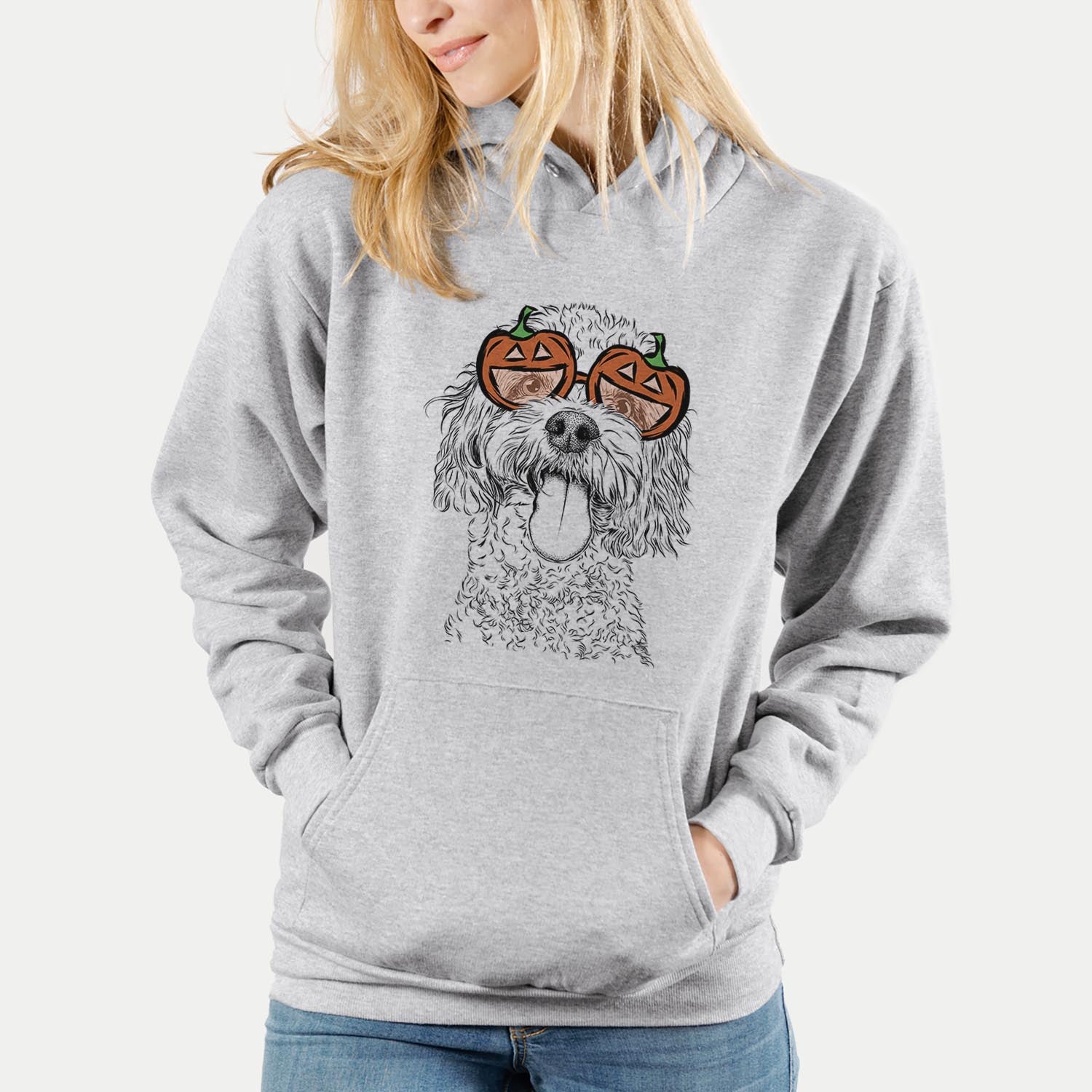 Hand-drawn sketch of Barney the Cavachon wearing pumpkin glasses on a Grey pumpkin collection