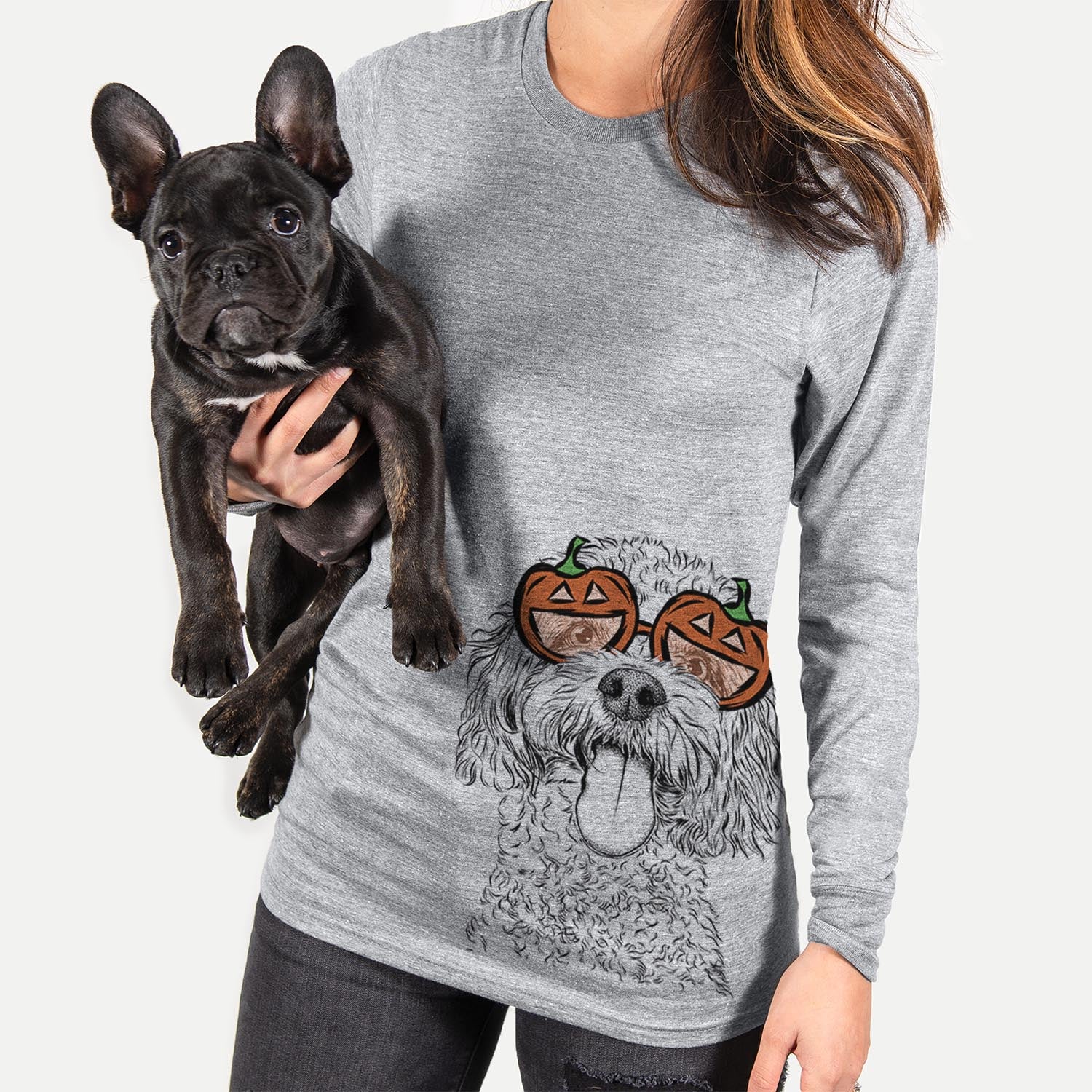 Hand-drawn sketch of Barney the Cavachon wearing pumpkin glasses on a Grey pumpkin collection