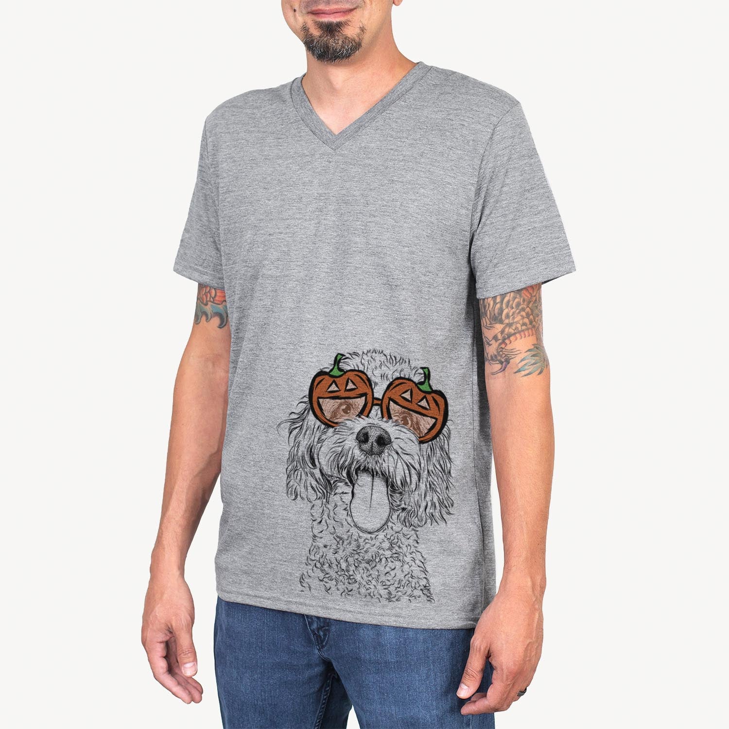 Hand-drawn sketch of Barney the Cavachon wearing pumpkin glasses on a Grey pumpkin collection