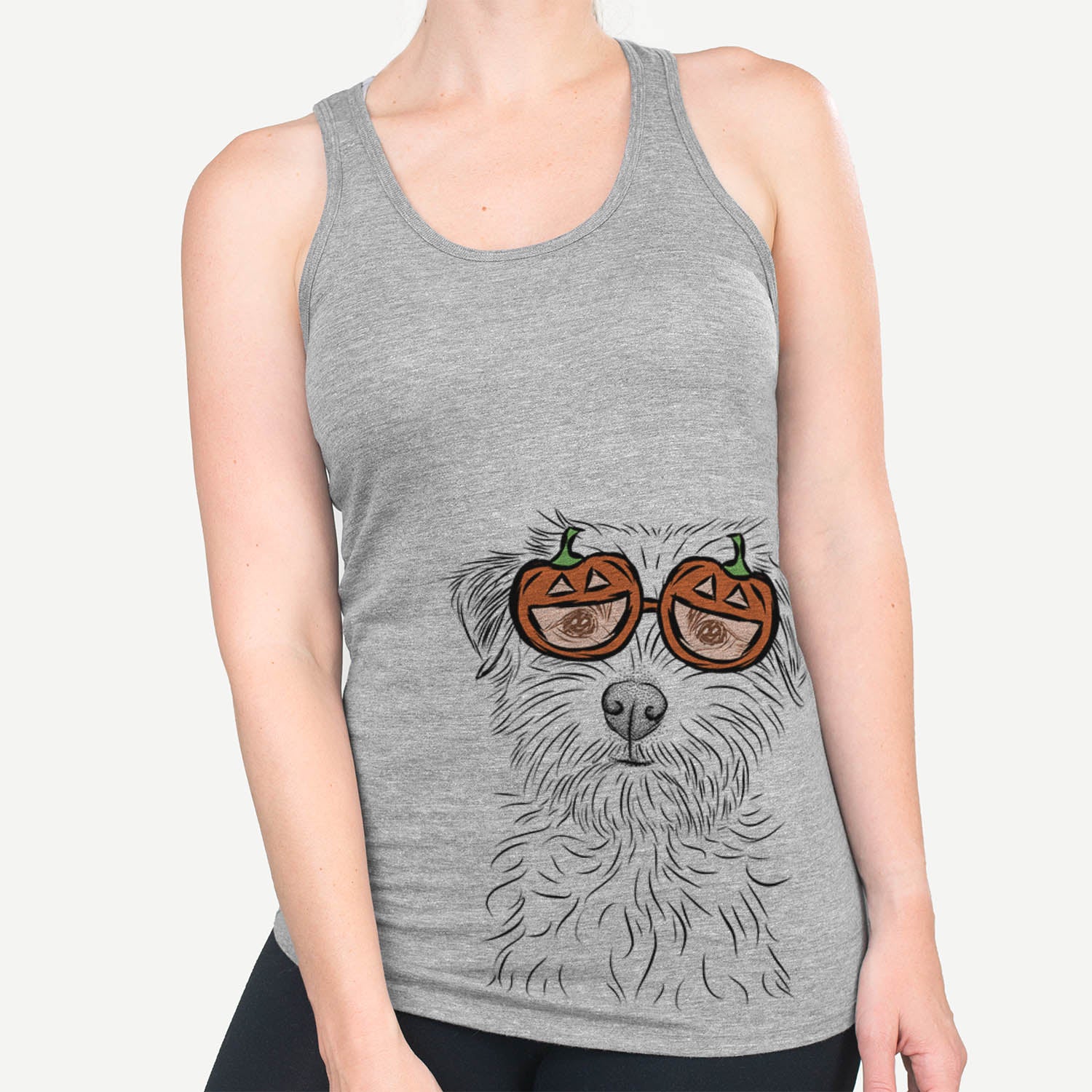 Hand-drawn sketch of Benjamin the Border Terrier wearing pumpkin glasses on a Grey pumpkin collection