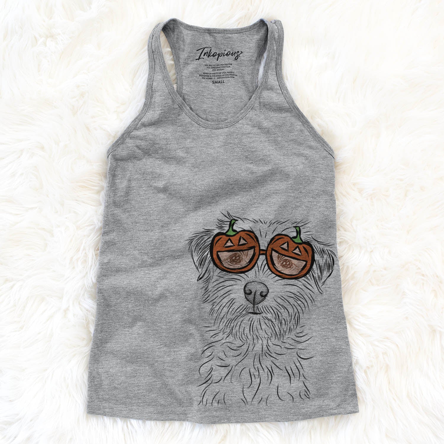Hand-drawn sketch of Benjamin the Border Terrier wearing pumpkin glasses on a Grey pumpkin collection
