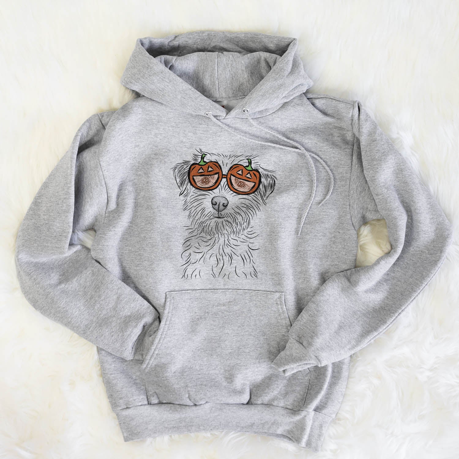 Hand-drawn sketch of Benjamin the Border Terrier wearing pumpkin glasses on a Grey pumpkin collection, flat lay