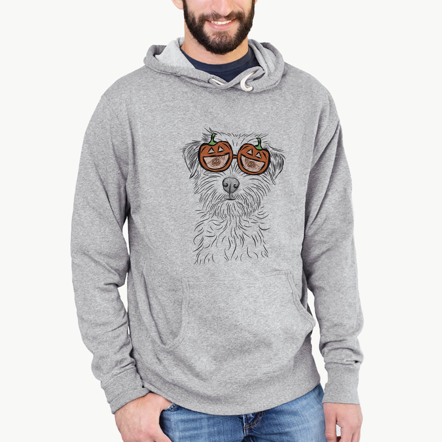 Hand-drawn sketch of Benjamin the Border Terrier wearing pumpkin glasses on a Grey pumpkin collection