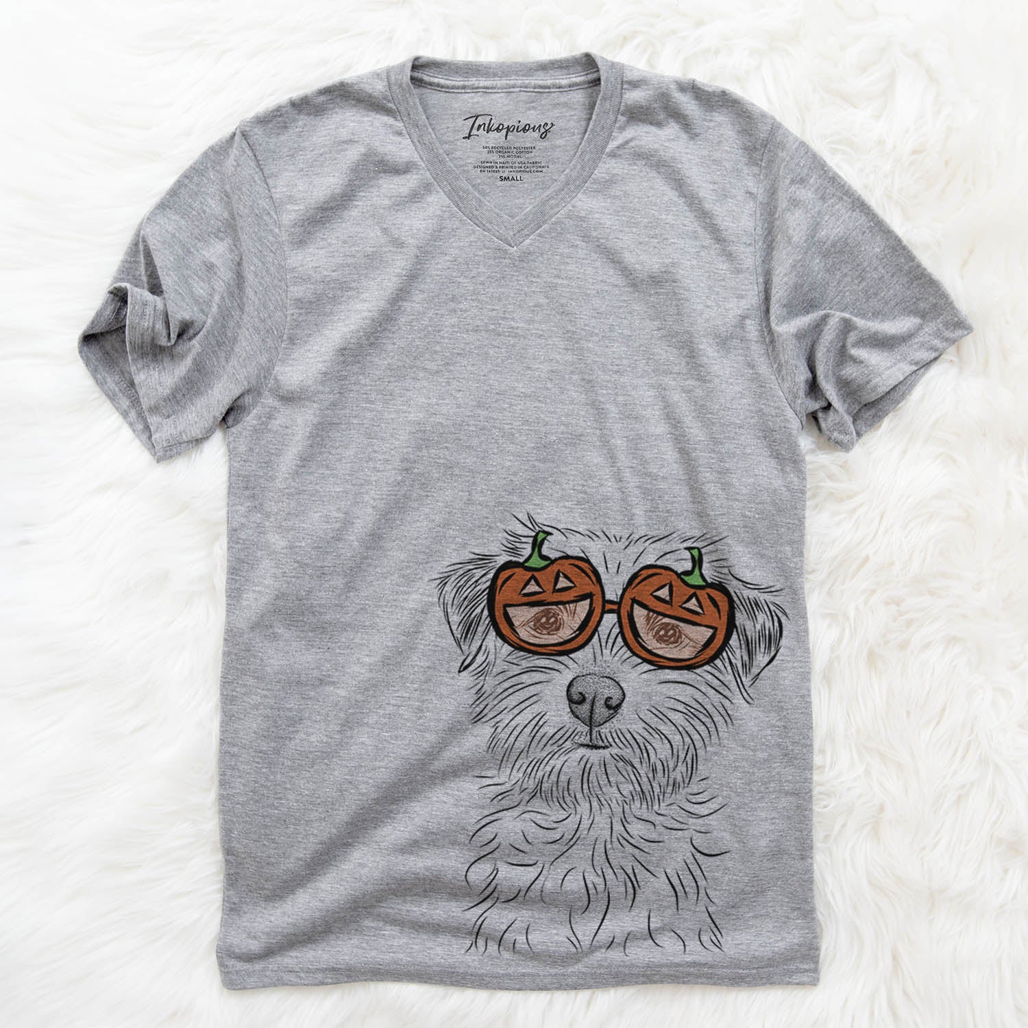 Hand-drawn sketch of Benjamin the Border Terrier wearing pumpkin glasses on a Grey pumpkin collection