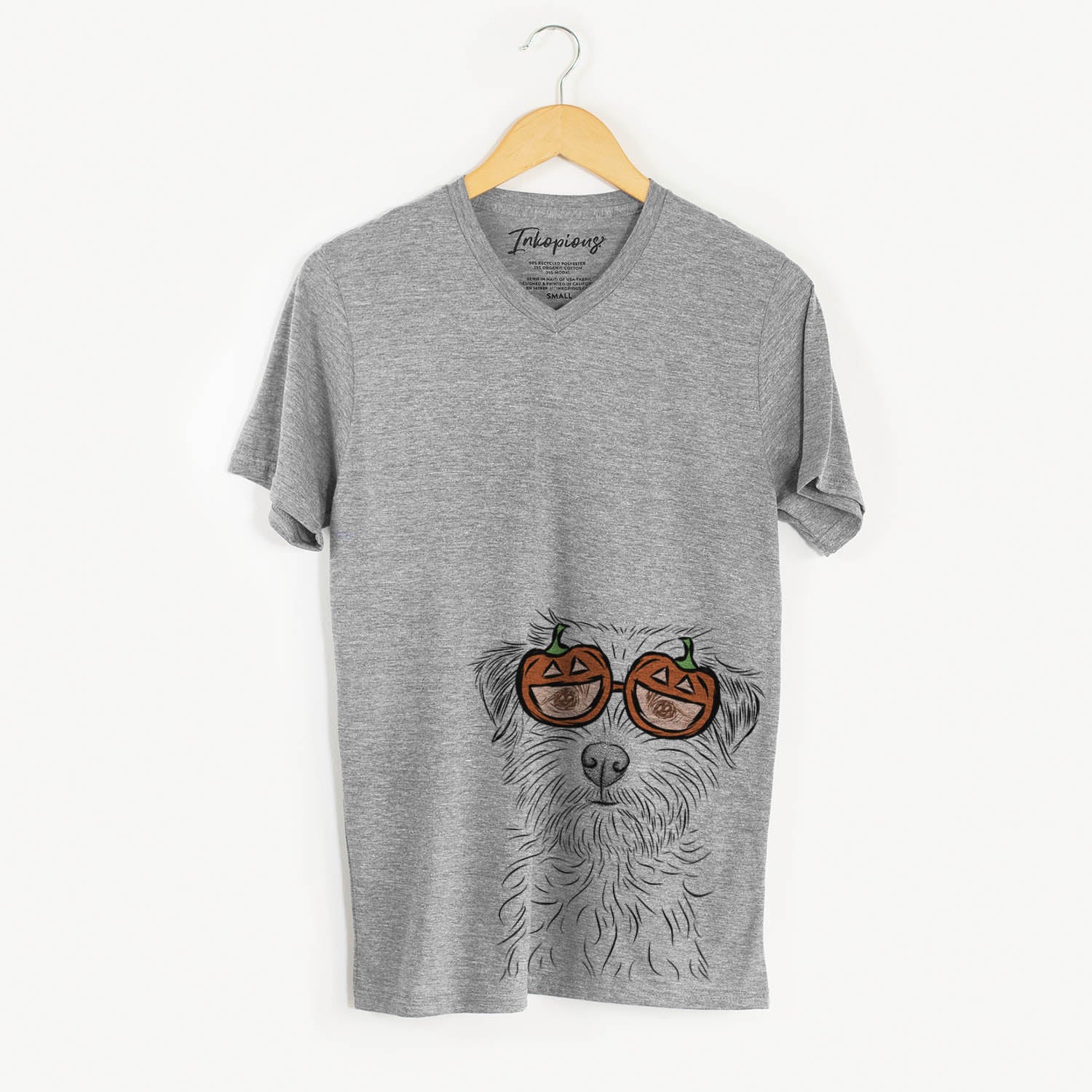 Hand-drawn sketch of Benjamin the Border Terrier wearing pumpkin glasses on a Grey pumpkin collection