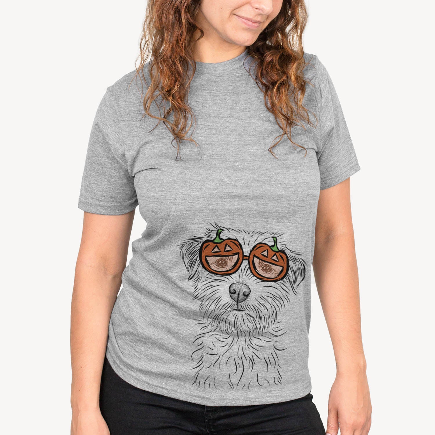 Hand-drawn sketch of Benjamin the Border Terrier wearing pumpkin glasses on a Grey pumpkin collection, on a hanger