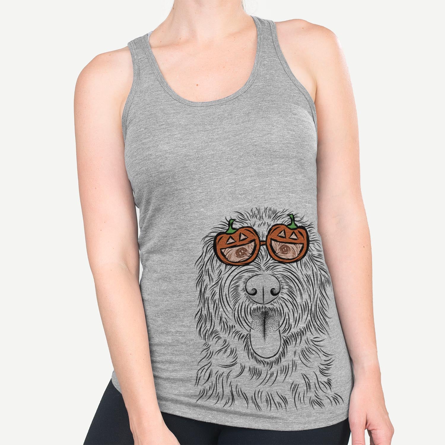 Hand-drawn sketch of Bennett the Doodle wearing pumpkin glasses on a Grey pumpkin collection