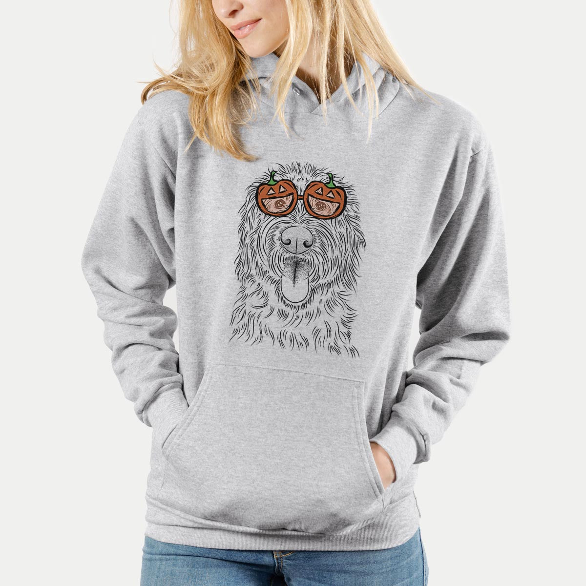 Hand-drawn sketch of Bennett the Doodle wearing pumpkin glasses on a Grey pumpkin collection